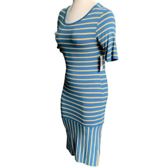 LulaRoe Julie Dress Sz S Blue Yellow Striped T-Shirt Sheath Dress 31F - Picture 3 of 8